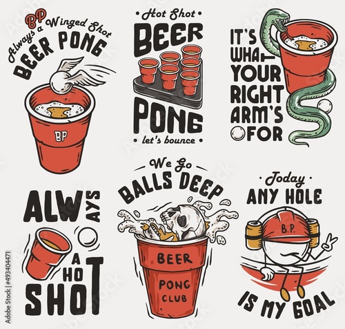 Beer pong game prints for drink party. Craft beer mug with foam and skull and snake