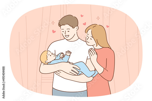 Happy young family with newborn baby in hands enjoy parenthood together. Smiling parents hold infant feel grateful and loving. Pregnancy and ivf treatment. Childbirth. Vector illustration. 