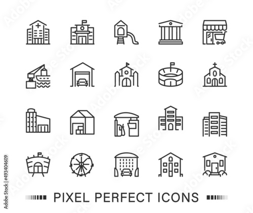 Buildings linear perfect pixel icons. Icon set. Bank and school, hospital and shop icon, gas station