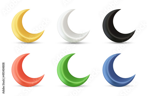 Crescent moon realistic 3d vector icon illustration with different colors