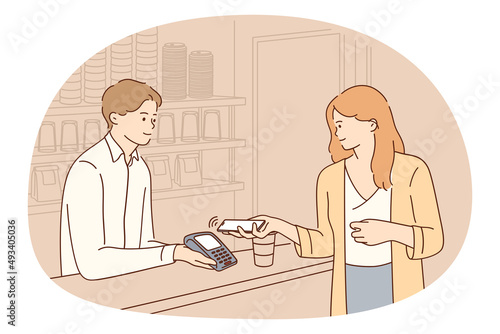 Female client pay contactless with mobile phone at shop cashier. Happy woman customer or buyer make payment with smartphone. Bank and finance concept. Flat vector illustration. 