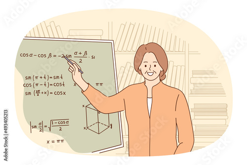 Smiling senior teacher stand near board explain math to pupils or students. Happy mature woman tutor have mathematics class in school or college. Education and learning. Vector illustration. 