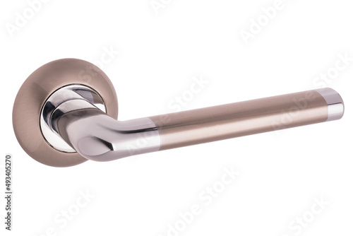 Door handle made of metal on an isolated white background. Reliable design handle for the door of houses, apartments, warehouses, offices and other premises.