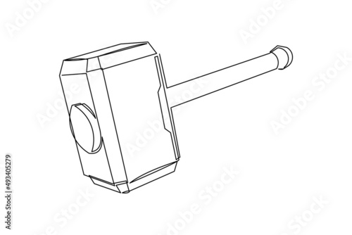 Continuous single one line drawing of hammer construction handyman tool and judge law vector illustration