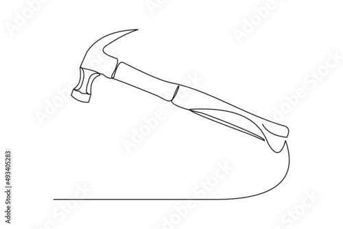 Continuous single one line drawing of hammer construction handyman tool and judge law vector illustration