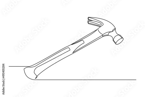 Continuous single one line drawing of hammer construction handyman tool and judge law vector illustration