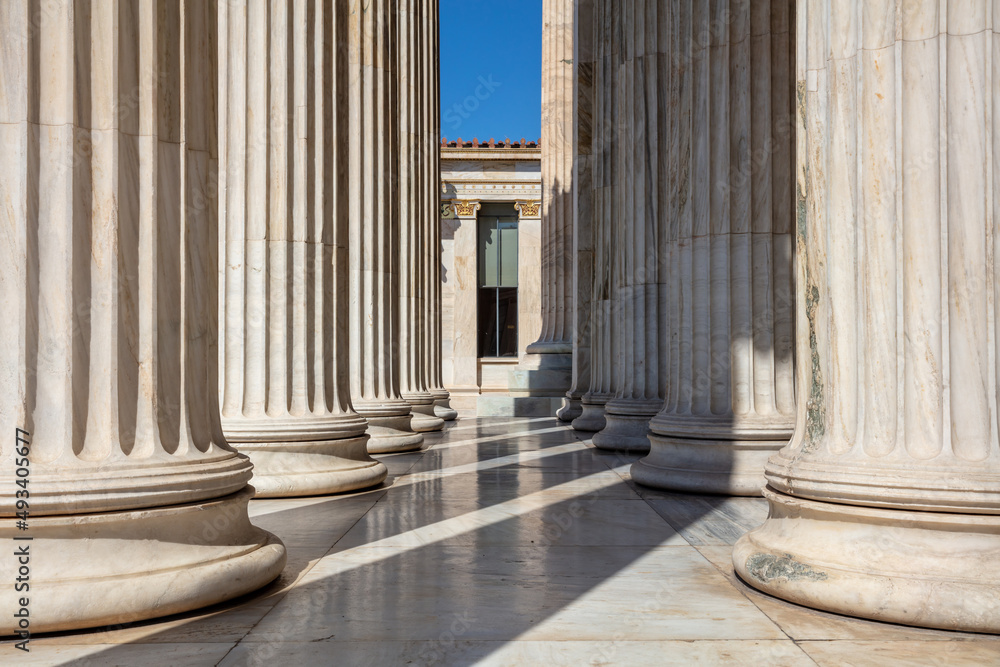 Pillar and stair white marble. Athens Greece Academy neoclassical building entrance colonnade. Pillar and stair white marble. Athens Greece Academy neoclassical building entrance colonnade.