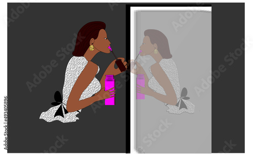 A woman applying lip gloss - Stock Illustration.A woman putting lip gloss in front of mirror vector art.
