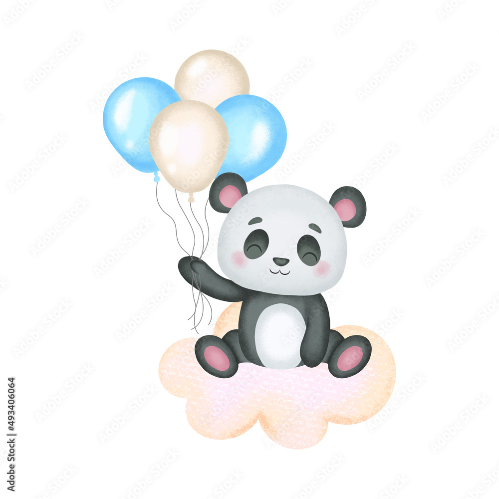 Cute panda sitting on the cloud with balloons decoration. Watercolor style nursery clipart Cute panda sitting on the cloud with balloons decoration. Watercolor style nursery clipart