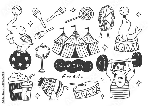 Hand Drawn Cartoon Circus Show Doodle With Circus tent, Animals and Clown