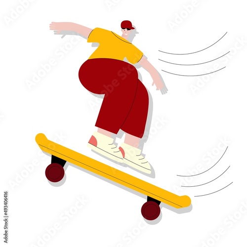 Vector Illustration A Young Guy in a Cap Rides a Skateboard