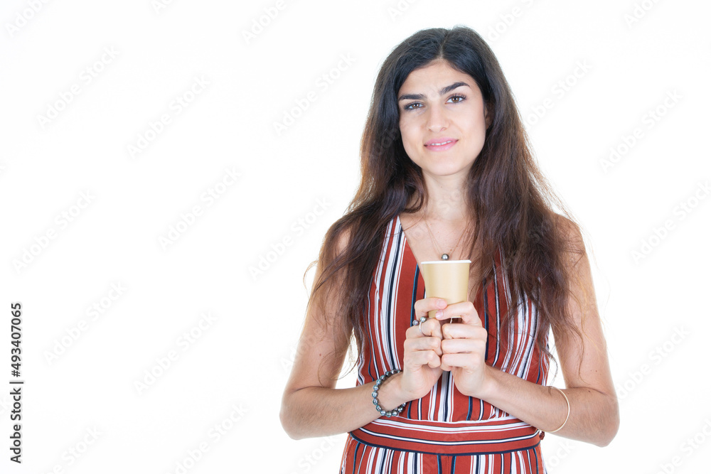 smiling pretty lovely cheerful brunette girl holding paper brown cup coffee isolated on white background smiling pretty lovely cheerful brunette girl holding paper brown cup coffee isolated on white background