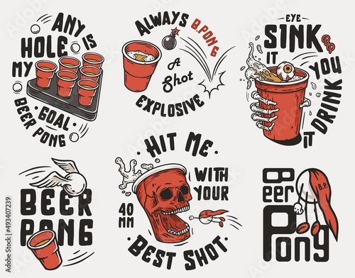 Beer pong wih craft mug with foam and ball. Beer game with skull and skeleton hand for drink party or sport alcohol bar