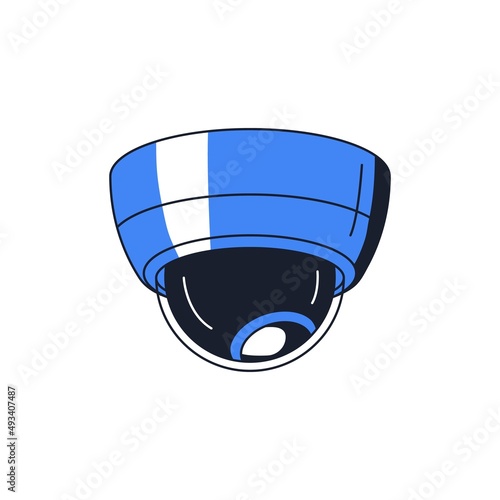 Dome-shaped camera, CCTV and video surveillance. Digital cam for control, safety and observation. Security equipment. Warning icon. Colored flat vector illustration isolated on white background