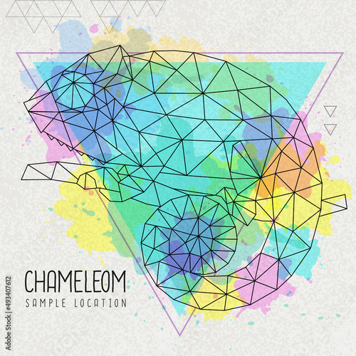 Abstract polygonal tirangle animal chameleon on artistic watercolor background. Vector animal illustration.