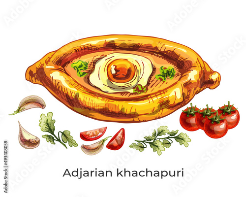 608_Adjarian khachapuri_meat and spices Adjarian khachapuri, pastry with egg, garlic, tomatoes, coriander greens