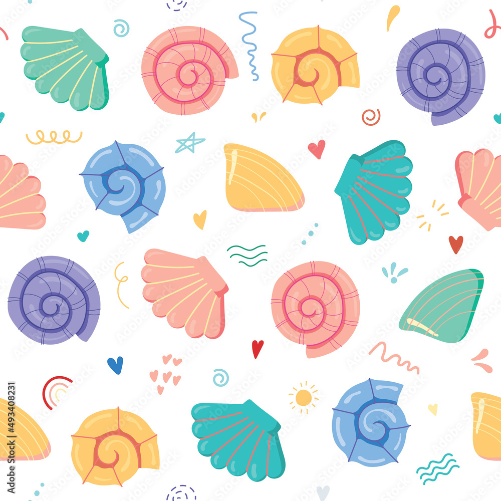 Beautiful bright seamless pattern of sea shells on a white background. Flat design. Vector illustration. Beautiful bright seamless pattern of sea shells on a white background. Flat design. Vector illustration.
