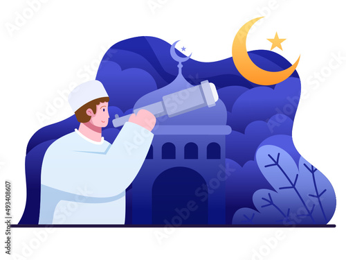Muslim person looking for hilal at night sky with telescope for the new moon that signals the starting of the Holy month of Ramadan fasting month.