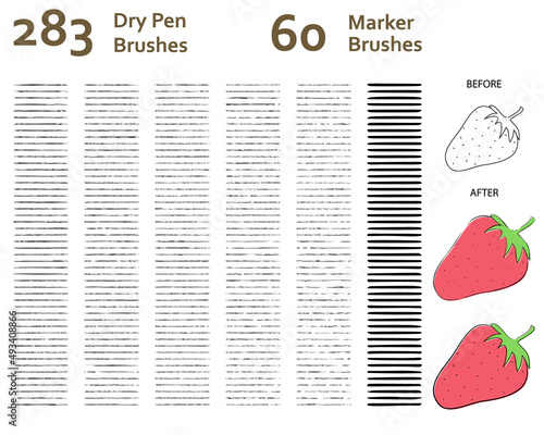 Set of 283 dry pen art brushes with unique texture + 60 marker strokes with different edges for lettering, typography, text, font making, story book, animation/illustration. Created using AI CS6.