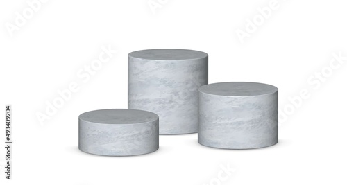 3d podium platform cylinders vector illustration. Realistic gypsum pedestal stages for product presentation.