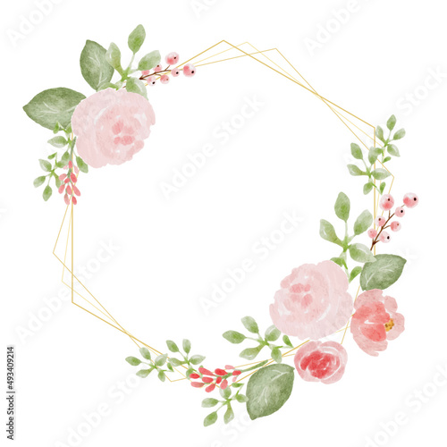 loose watercolor colorful roses and  wild flowers bouquet wreath with hexagon gold frame