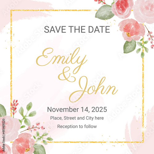 loose watercolor colorful roses and  wild flowers bouquet with golden luxury square frame wedding invitation card template