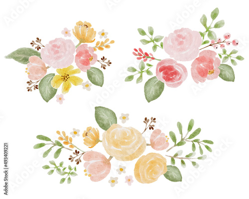 Fototapeta Naklejka Na Ścianę i Meble -  loose watercolor colorful roses and  wild flowers bouquet elements isolated on white backgound digital painting
