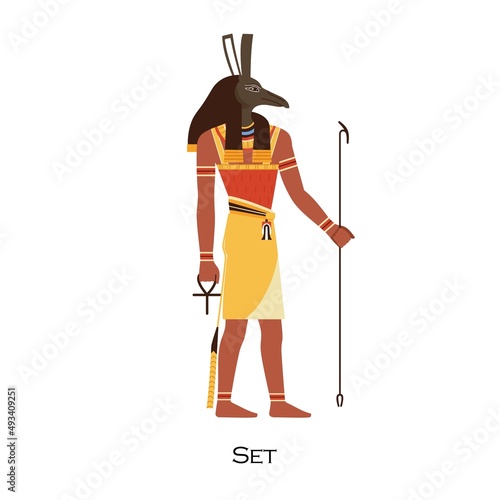 Set, Ancient Egyptian god. Old Egypts deity of deserts, disorder, violence. Mythology character with animal head. Religious historical figure. Flat vector illustration isolated on white background