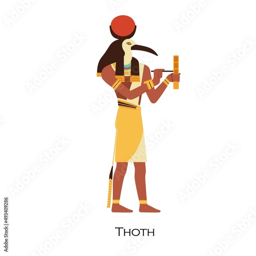 Thoth, Ibis-headed god of Ancient Egypt. Old Egyptian deity of writing, wisdom, science. Mythological religious character with moon disk. Flat graphic vector illustration isolated on white background