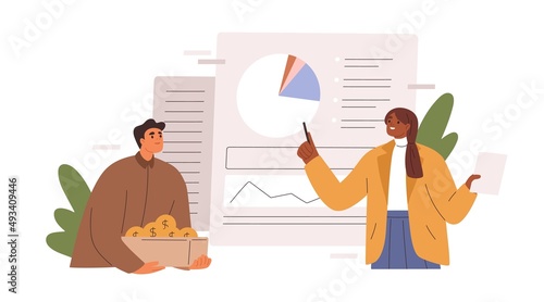 Calculating budget, analyzing finance report with business chart. Accounting concept. Financial advisor planning investment strategy. Flat graphic vector illustration isolated on white background