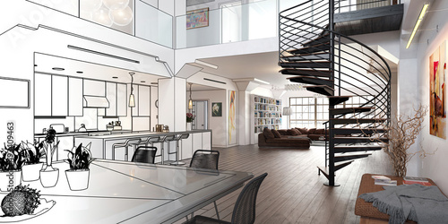 Modern Mansarde Apartment with Spiral Stairs & Furnitures (draft) - panoramic 3d Visualization