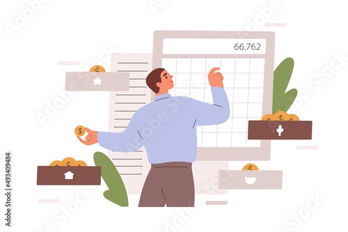 Person with calculator, counting finance, planning, distributing budget. Financial concept. Diversification of money savings, investments, assets. Flat vector illustration isolated on white background