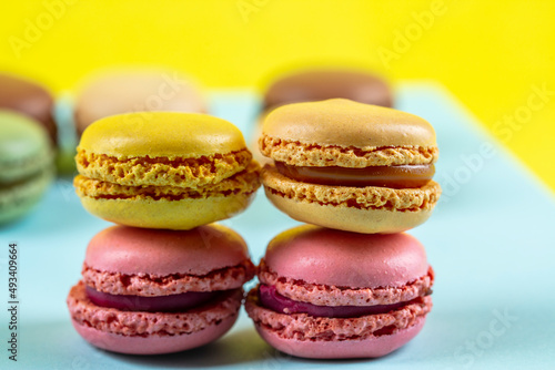 Close-up of macarons cakes of different colors .Culinary and cooking concept. Tasty colorful macaroons.