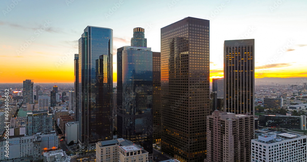 Los angeles buildings. Urban aerial view of downtown Los Angeles. Panoramic city skyscrapers.
