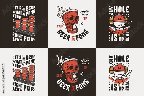 Beer pong or beer game with skull and skeleton hand for drink party or sport alcohol bar. Craft mug with foam and ball