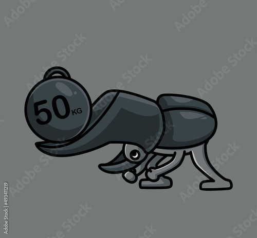 cute rhinoceros beetles lift weight gym fitness. cartoon animal sports concept Isolated illustration. Flat Style suitable for Sticker Icon Design Premium Logo vector. Mascot character