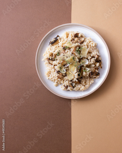 Risotto with mushrooms, cheese and thyme. Vegetarian food. Italian food.