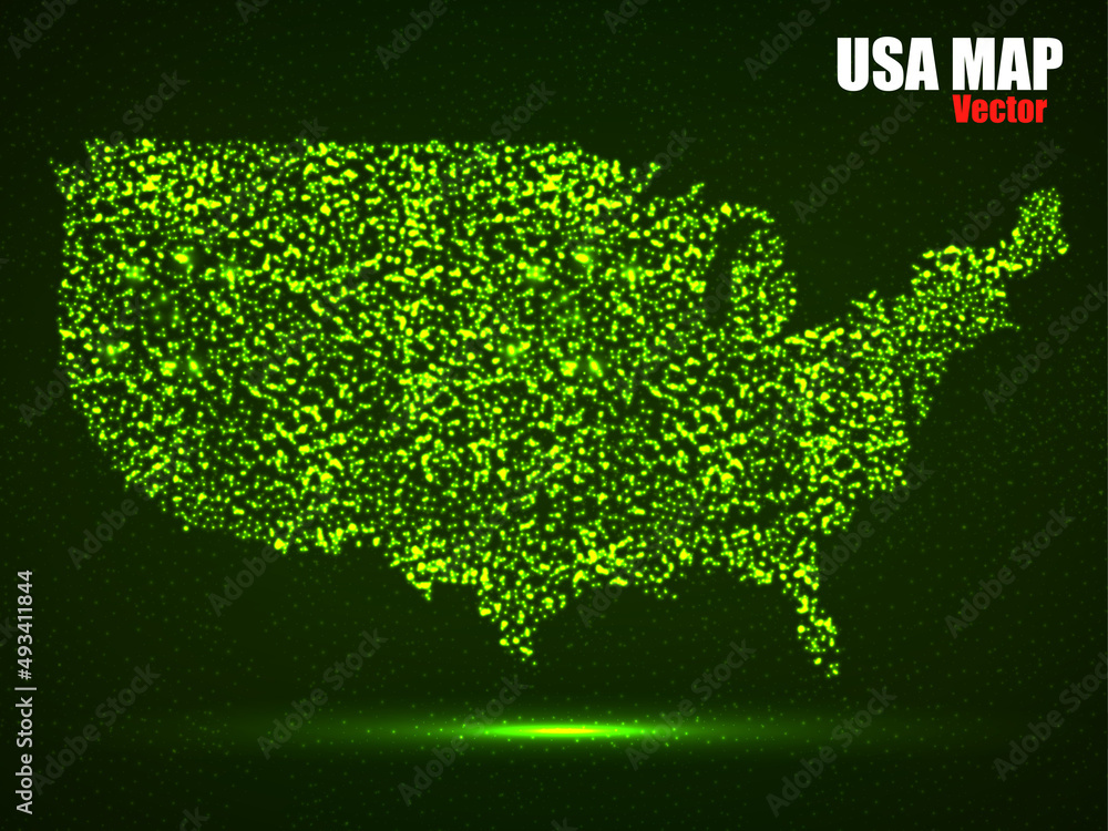 Abstract map of USA with glowing particles. Neon effect luminous particles and points.Vector illustration