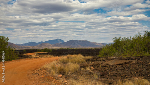 View of the mountains at the Shetani lava flows in Tsavo West.