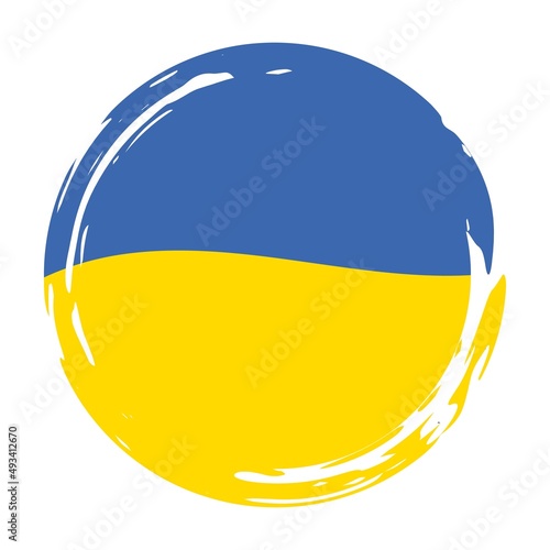 Ukrainian flag with brush stroke elements. Grunge texture in the shape of a circle. Emblem, icon. Glory to Ukraine.