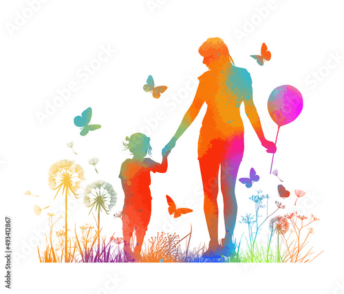Colorful silhouette of a mother with a child walking. Vector illustration