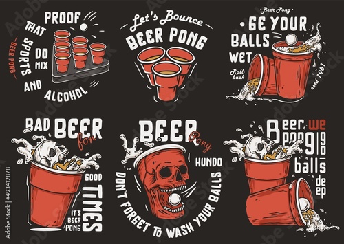 Beer pong wih craft mug with foam and ball. Beer game with skull and skeleton hand for drink party or sport alcohol bar