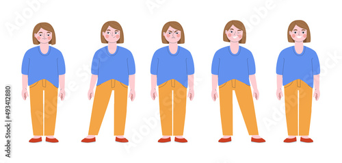 Different emotions on the girl's face. Child in full growth. Flat vector illustration. Eps10