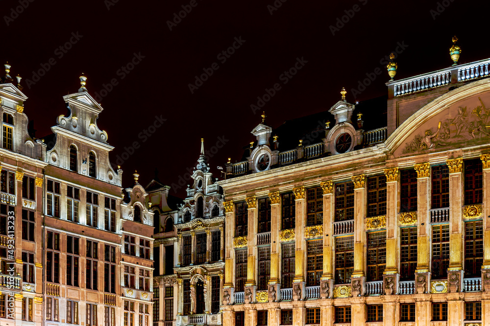 Grand Place buildings at night, Brussels, Belgium. Grand Place is the central square of Brussels capital city, surrounded by opulent guildhalls	
