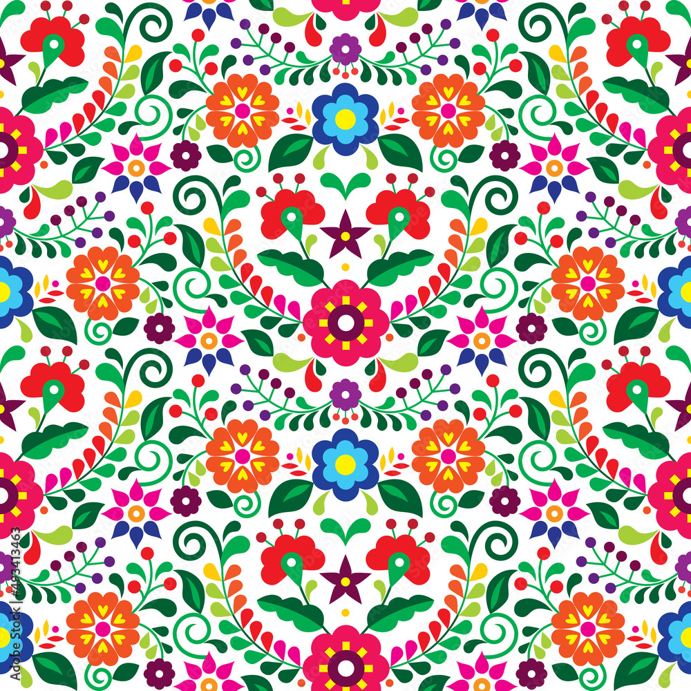 Mexican folk art vector seamless pattern with flowers, textile or ...
