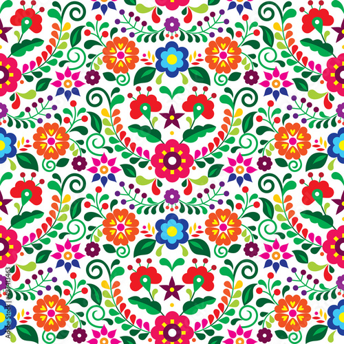 Mexican folk art vector seamless pattern with flowers, textile or fabric print design inspired by traditional embroidery ornaments from Mexico
 