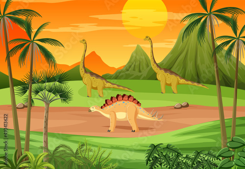 Prehistoric forest background with dinosaur cartoon