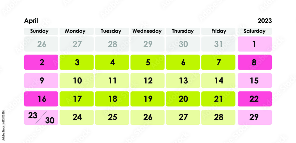 Calendar Grid Set. April PAGE. 12 Months 2023  English 