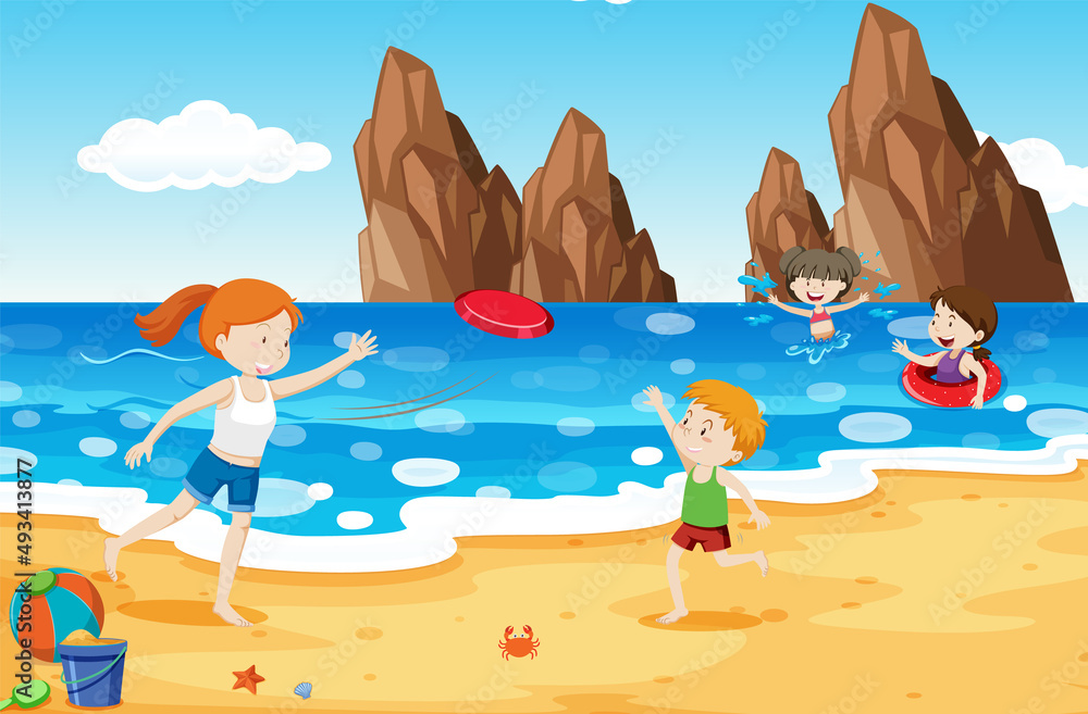 children playing at beach in summer