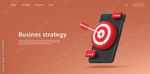 web banner with 3d render isometric icon of a smartphone with target board and arrow in the center